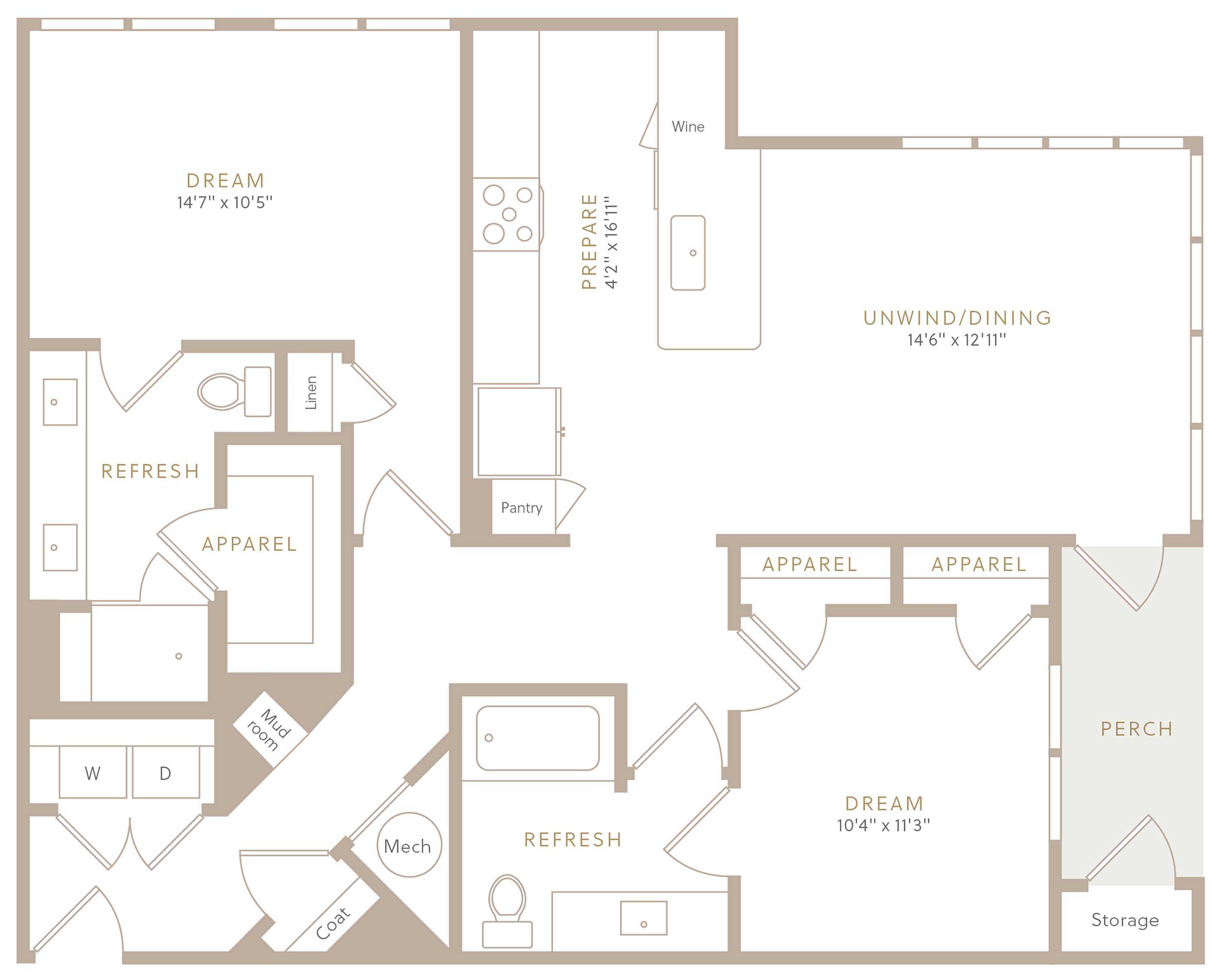 Floor plan for 2 beds, 2 baths